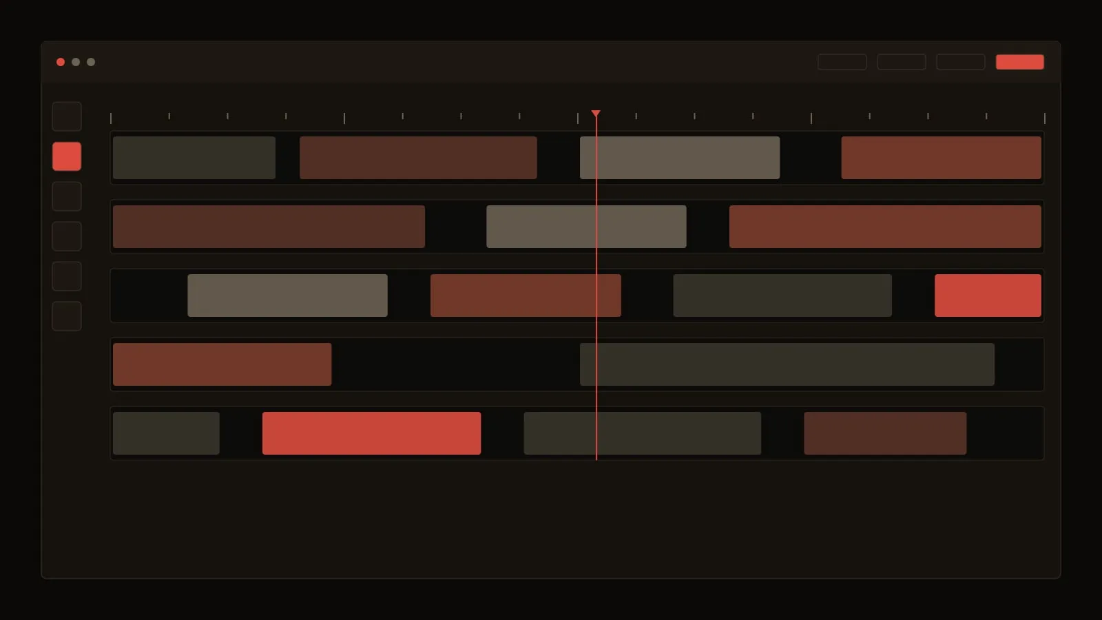 Mock-up of the Scrub panel: a tool rail beside a multi-lane timeline with clip blocks and a playhead.